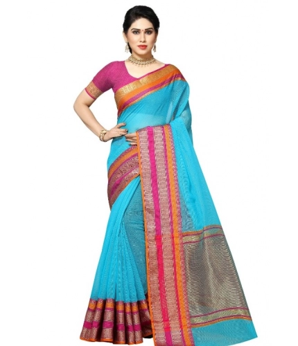 Women's Kota Doria Cotton Border Saree With Blouse (Sky Blue, 5-6 Mtrs)