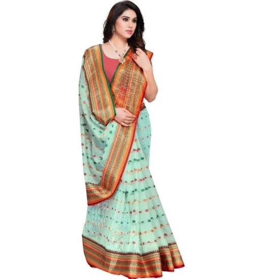 Women's Kota Doria Cotton Woven Butta Saree With Blouse (Pista, 5-6 Mtrs)