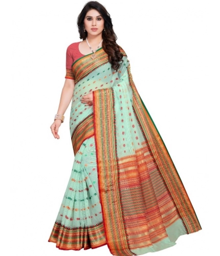 Women's Kota Doria Cotton Woven Butta Saree With Blouse (Pista, 5-6 Mtrs)