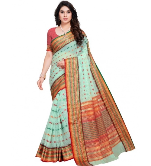 Women's Kota Doria Cotton Woven Butta Saree With Blouse (Pista, 5-6 Mtrs)
