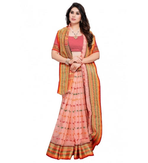 Women's Kota Doria Cotton Woven Butta Saree With Blouse (Peach, 5-6 Mtrs)