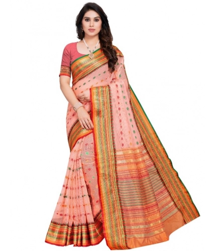 Women's Kota Doria Cotton Woven Butta Saree With Blouse (Peach, 5-6 Mtrs)
