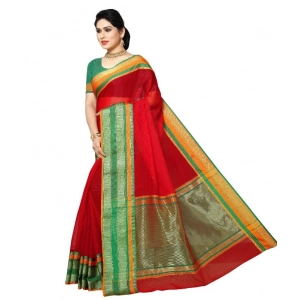 Generic Women's Kota Doria Cotton Border Saree With Blouse (Red, 5-6 Mtrs)