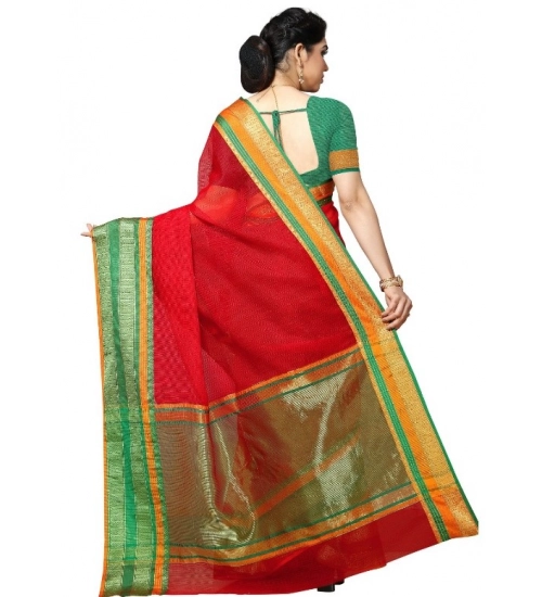 Women's Kota Doria Cotton Border Saree With Blouse (Red, 5-6 Mtrs)