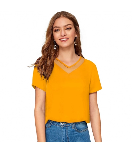 Women's Polyester, Knitting Western Wear T-Shirt (Yellow)