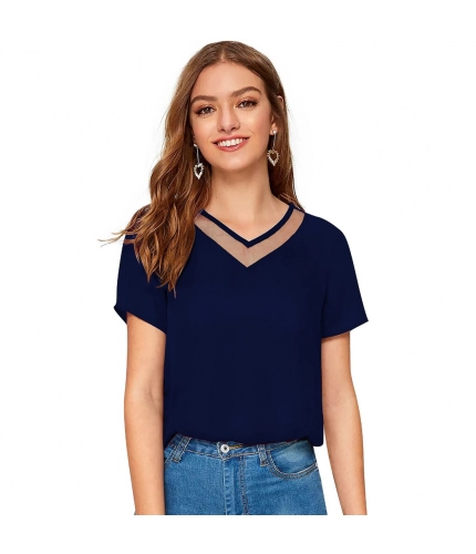 Women's Polyester, Knitting Western Wear T-Shirt (Blue)
