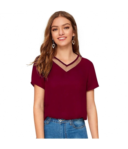 Women's Polyester, Knitting Western Wear T-Shirt (Maroon)