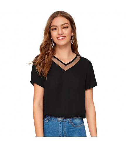 Women's Polyester, Knitting Western Wear T-Shirt (Black)