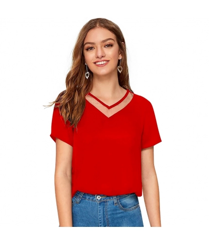 Women's Polyester, Knitting Western Wear T-Shirt (Red)