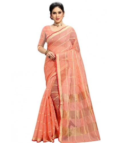 Women's Kota Doria Cotton Checked Saree With Blouse (Peach, 5-6 Mtrs)