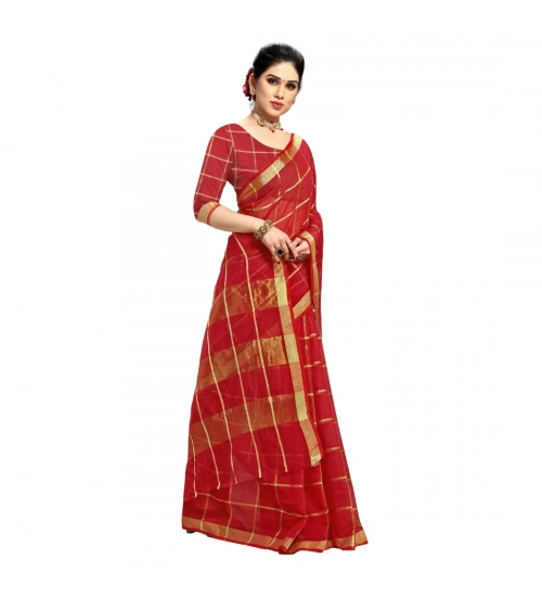 Women's Kota Doria Cotton Checked Saree With Blouse (Red, 5-6 Mtrs)