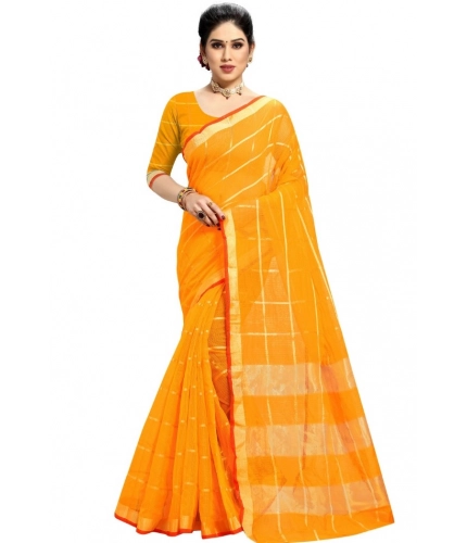 Women's Kota Doria Cotton Checked Saree With Blouse (Yellow, 5-6 Mtrs)