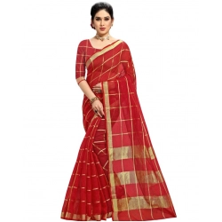 Women's Kota Doria Cotton Checked Saree With Blouse (Red, 5-6 Mtrs)