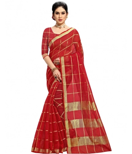 Women's Kota Doria Cotton Checked Saree With Blouse (Red, 5-6 Mtrs)