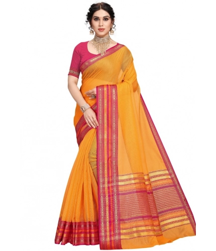 Women's Kota Doria Cotton Bordered Saree With Blouse (Gold, 5-6 Mtrs)