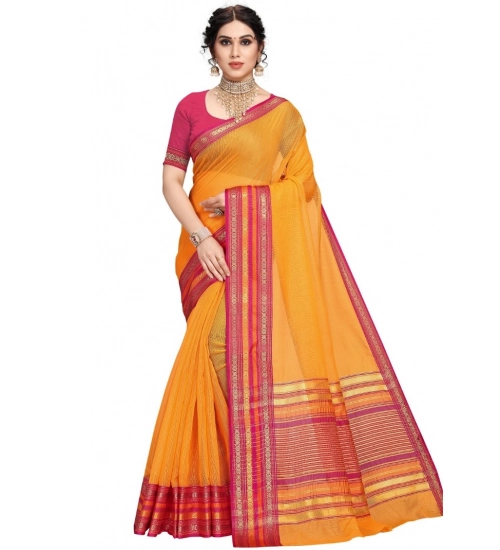 Women's Kota Doria Cotton Bordered Saree With Blouse (Gold, 5-6 Mtrs)