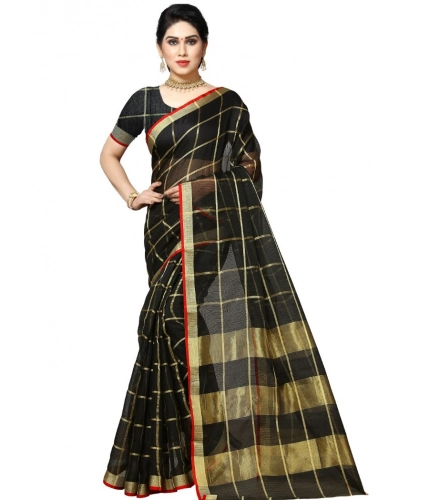 Women's Kota Doria Cotton Checked Saree With Blouse (Black, 5-6 Mtrs)