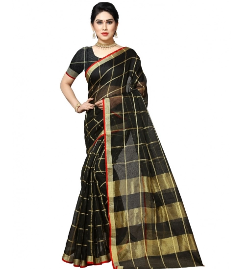Women's Kota Doria Cotton Checked Saree With Blouse (Black, 5-6 Mtrs)