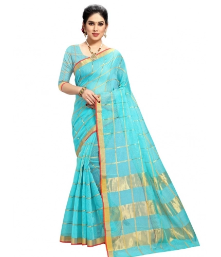 Women's Kota Doria Cotton Checked Saree With Blouse (Sky Blue, 5-6 Mtrs)