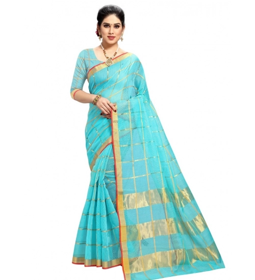 Women's Kota Doria Cotton Checked Saree With Blouse (Sky Blue, 5-6 Mtrs)