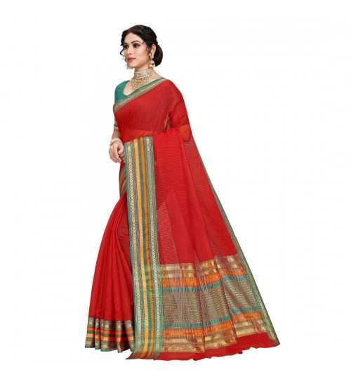 Women's Kota Doria Cotton Bordered Saree With Blouse (Red, 5-6 Mtrs)