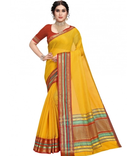 Women's Kota Doria Cotton Bordered Saree With Blouse (Yellow, 5-6 Mtrs)