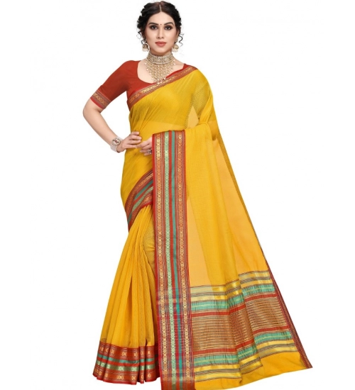 Women's Kota Doria Cotton Bordered Saree With Blouse (Yellow, 5-6 Mtrs)