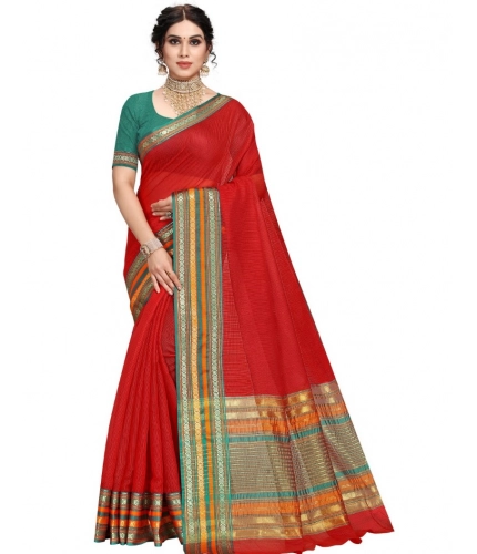 Women's Kota Doria Cotton Bordered Saree With Blouse (Red, 5-6 Mtrs)