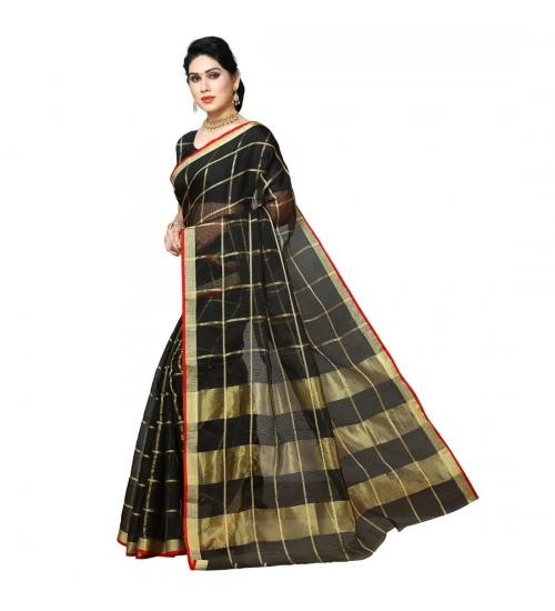 Women's Kota Doria Cotton Checked Saree With Blouse (Black, 5-6 Mtrs)