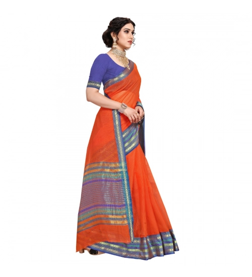 Women's Kota Doria Cotton Bordered Saree With Blouse (Fanta, 5-6 Mtrs)