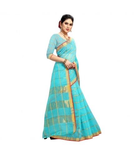 Women's Kota Doria Cotton Checked Saree With Blouse (Sky Blue, 5-6 Mtrs) Women's Kota Doria Cotton Checked Saree With Blouse (Sky Blue, 5-6 Mtrs)