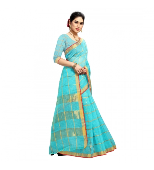 Women's Kota Doria Cotton Checked Saree With Blouse (Sky Blue, 5-6 Mtrs)
