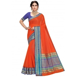 Women's Kota Doria Cotton Bordered Saree With Blouse (Fanta, 5-6 Mtrs)