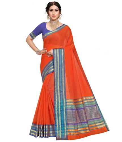 Women's Kota Doria Cotton Bordered Saree With Blouse (Fanta, 5-6 Mtrs)