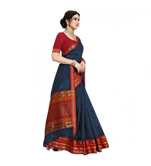 Women's Kota Doria Cotton Bordered Saree With Blouse (Navy Blue, 5-6 Mtrs)