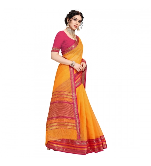 Women's Kota Doria Cotton Bordered Saree With Blouse (Gold, 5-6 Mtrs)