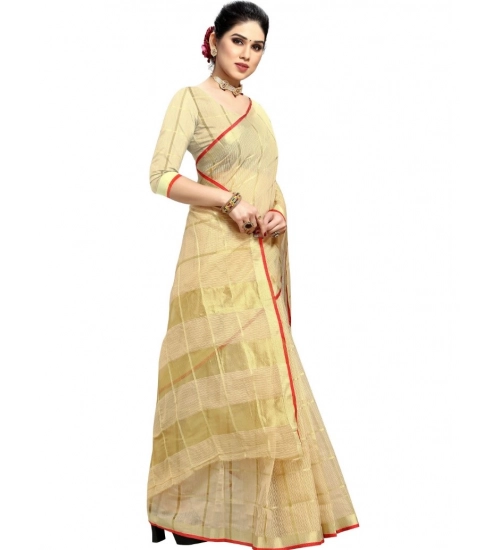 Women's Kota Doria Cotton Checked Saree With Blouse (Beige, 5-6 Mtrs)