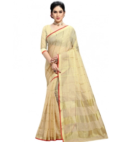 Women's Kota Doria Cotton Checked Saree With Blouse (Beige, 5-6 Mtrs)