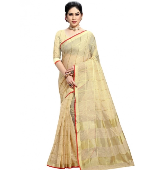 Women's Kota Doria Cotton Checked Saree With Blouse (Beige, 5-6 Mtrs)