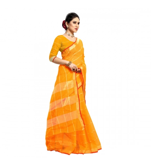 Women's Kota Doria Cotton Checked Saree With Blouse (Yellow, 5-6 Mtrs)