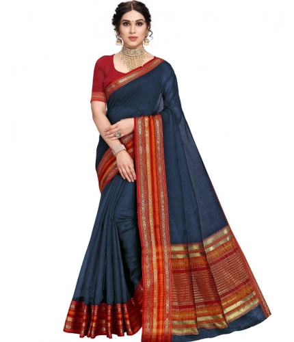 Women's Kota Doria Cotton Bordered Saree With Blouse (Navy Blue, 5-6 Mtrs)