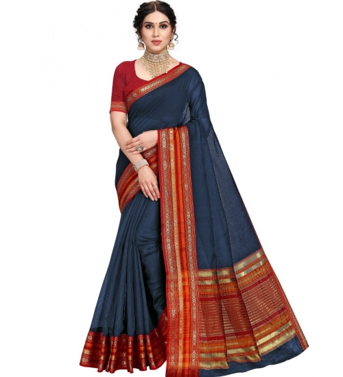 Women's Kota Doria Cotton Bordered Saree With Blouse (Navy Blue, 5-6 Mtrs)