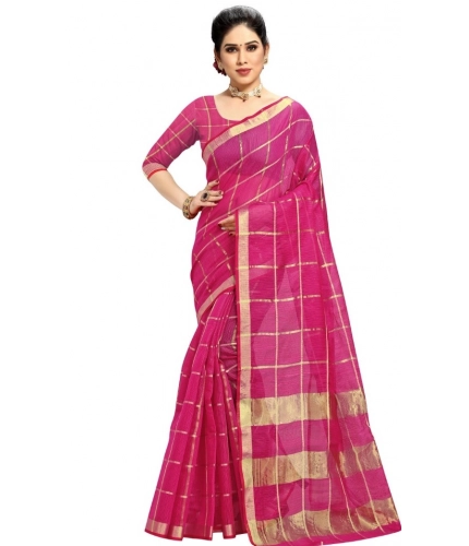 Women's Kota Doria Cotton Checked Saree With Blouse (Rani, 5-6 Mtrs)