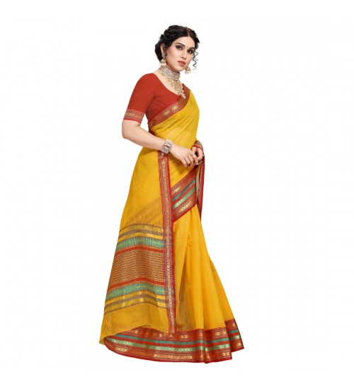 Women's Kota Doria Cotton Bordered Saree With Blouse (Yellow, 5-6 Mtrs)