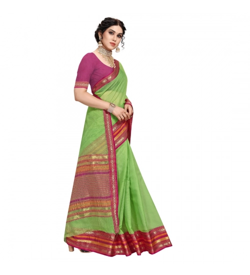 Women's Kota Doria Cotton Bordered Saree With Blouse (Light Green, 5-6 Mtrs)