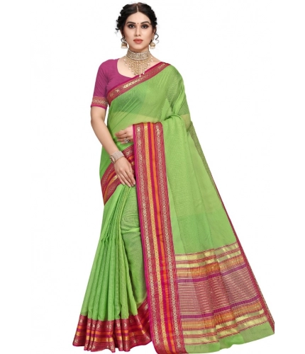 Women's Kota Doria Cotton Bordered Saree With Blouse (Light Green, 5-6 Mtrs)
