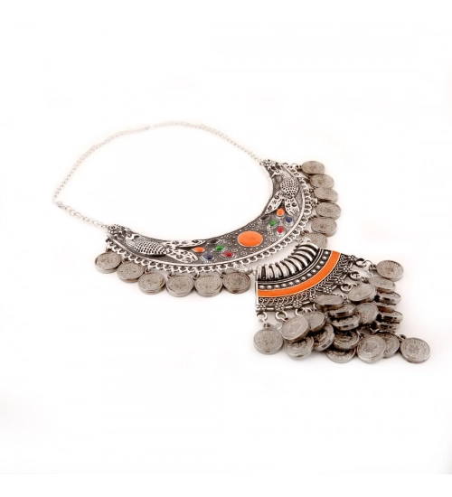 Designer Oxidised German Silver Tribal Necklace Pandeant Antique Necklace (Color: Silver)