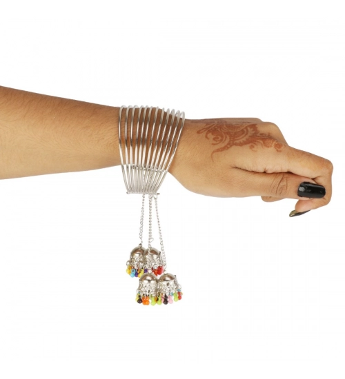 Stylish Oxidized Silver Bangle Bracelet With Hanging Jhumki (Color: Silver)