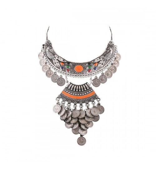 Designer Oxidised German Silver Tribal Necklace Pandeant Antique Necklace (Color: Silver)