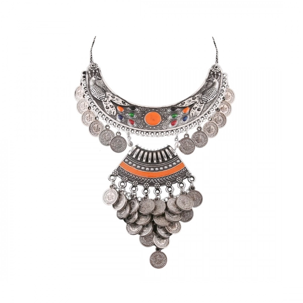 Dropship Designer Oxidised German Silver Tribal Necklace Pandeant Antique Necklace (Color: Silver)